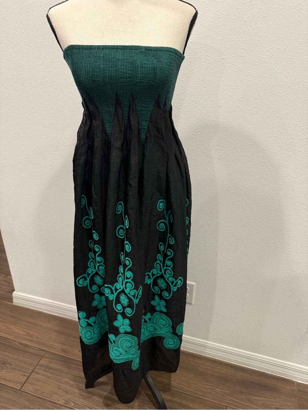 Strapless Black and Teal Embroidered Maxi Dress/midi
